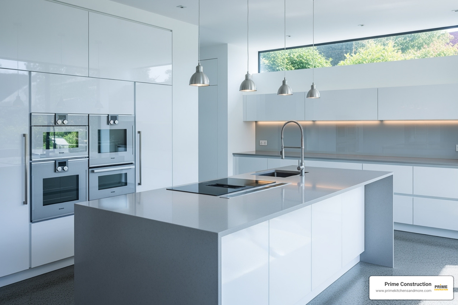A sleek, modern kitchen with a large island and handleless cabinets, demonstrating clean lines and integrated appliances. - custom kitchen design ideas
