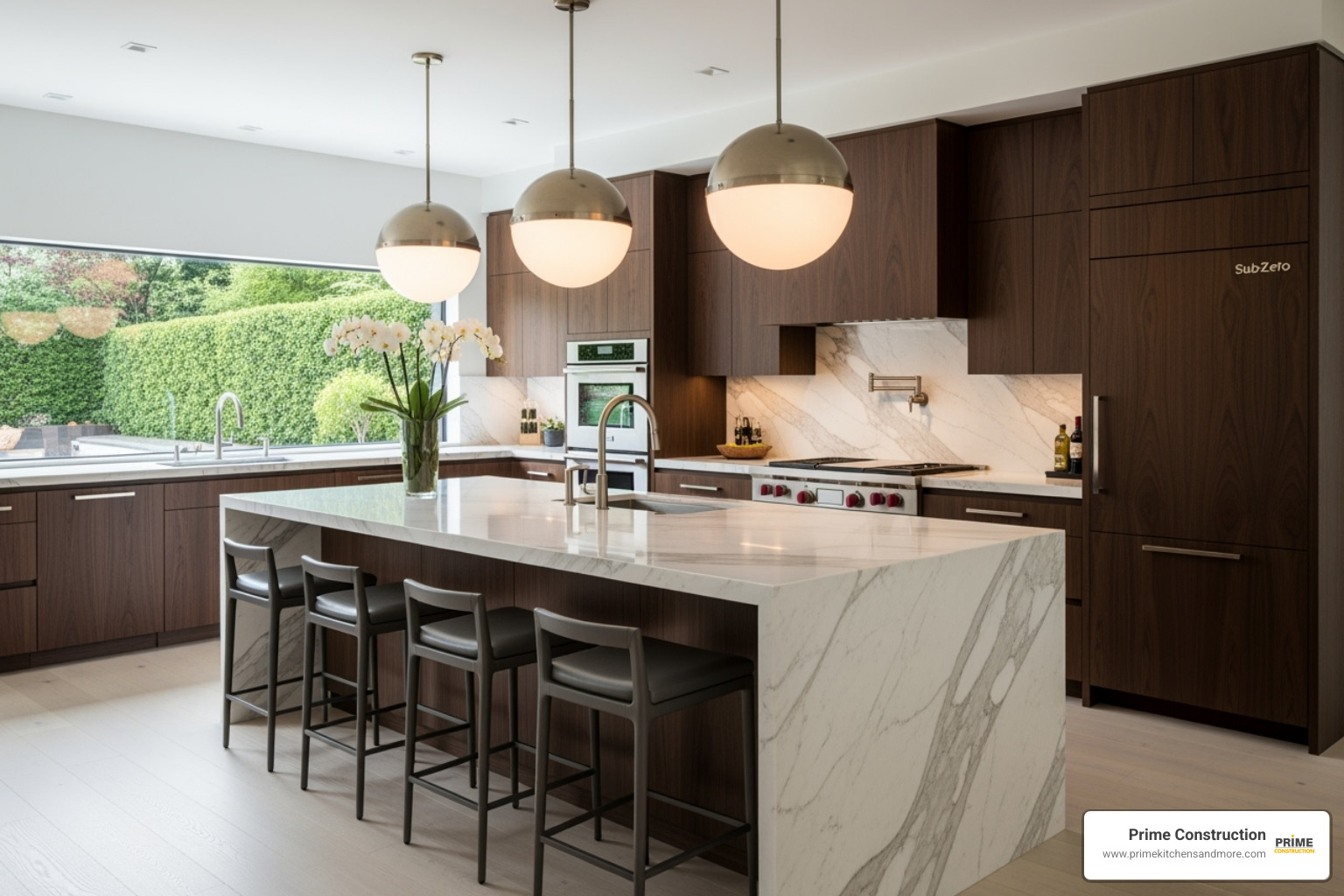 A luxurious kitchen featuring a large, curved island with seating, showcasing statement lighting and high-end finishes. - custom kitchen design ideas