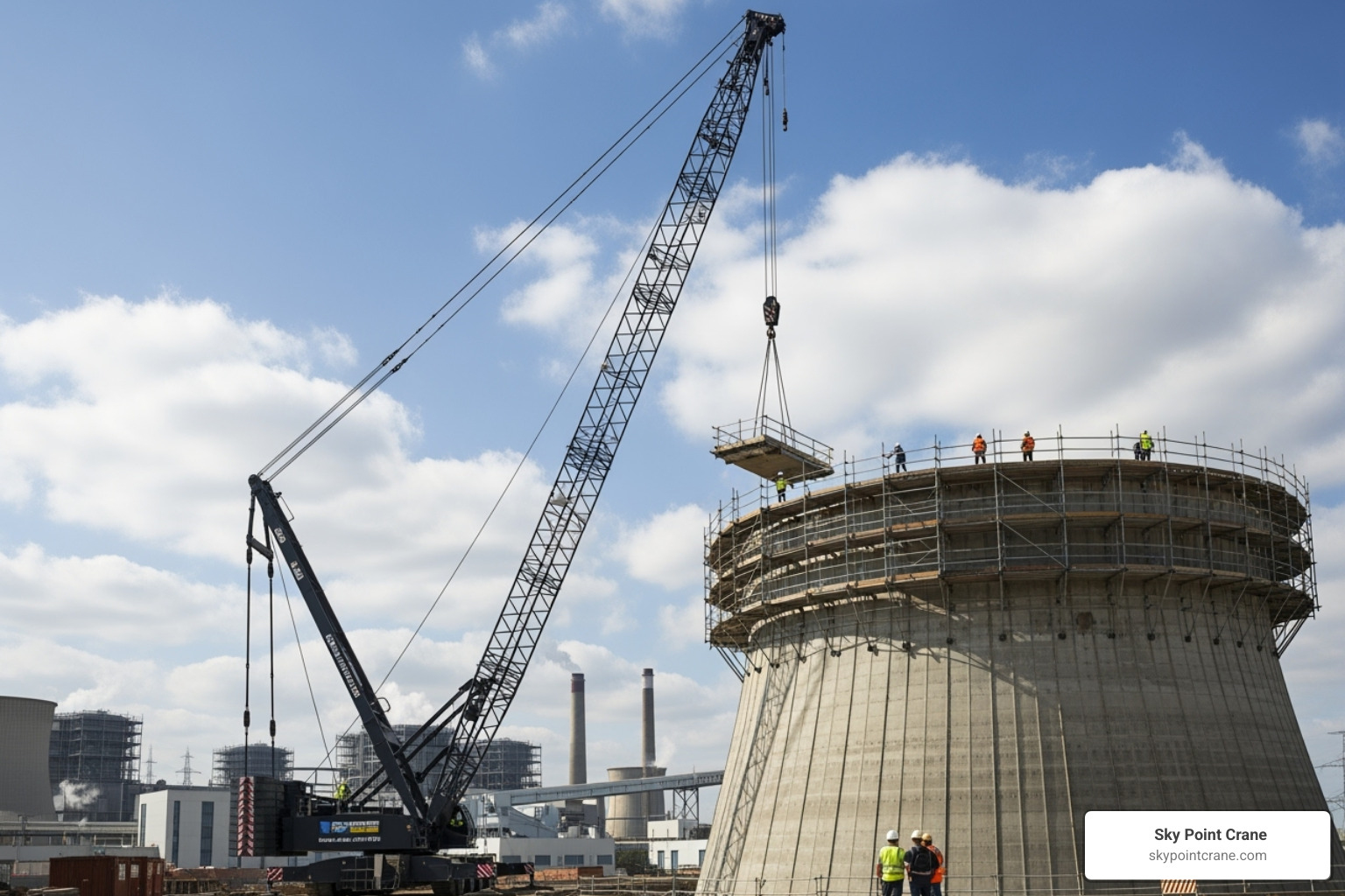 crane assisting in cooling tower construction - Cranes Used For Power Plants
