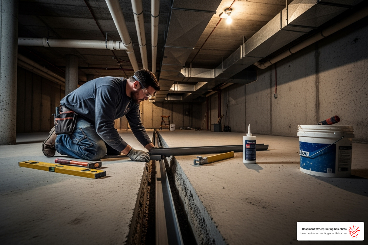 professional installing a drainage channel in a trench - cellar drainage channel