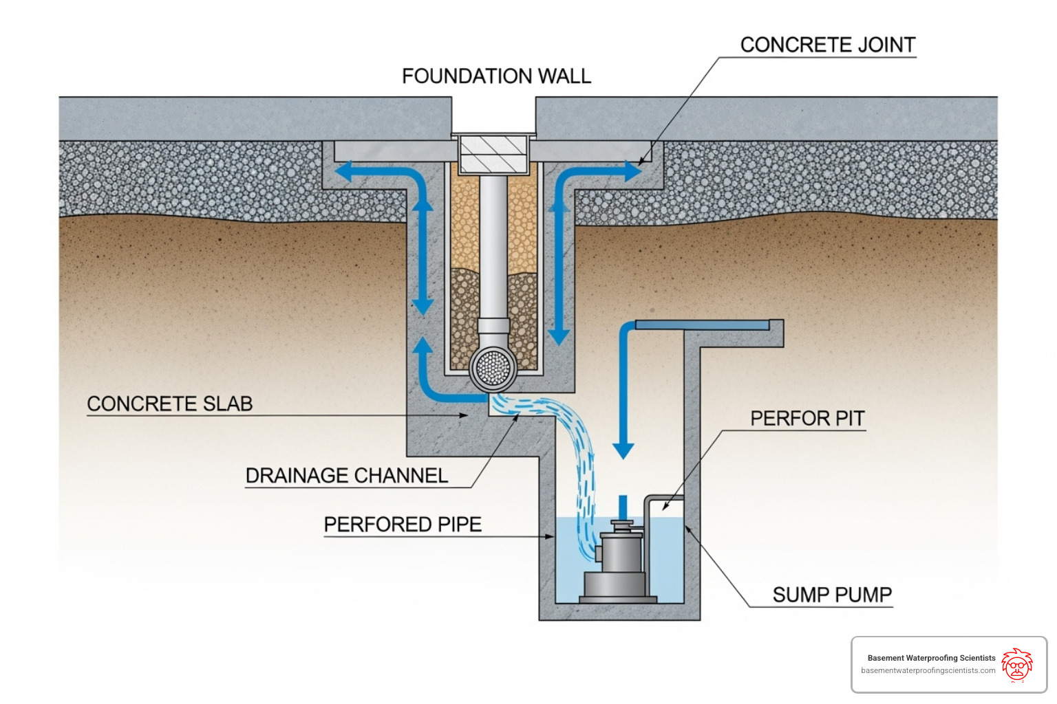 cross-section showing a cellar drainage channel at the wall-floor joint - cellar drainage channel
