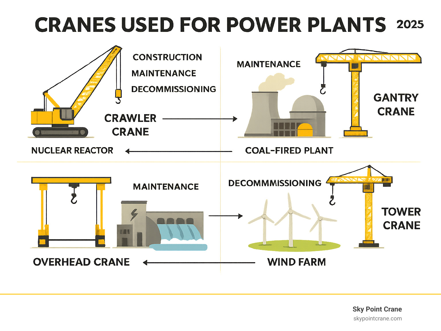 Comprehensive infographic showing different types of cranes (crawler cranes, gantry cranes, overhead cranes, tower cranes) positioned around various power plant facilities including nuclear reactors, coal-fired plants, hydroelectric dams, and wind farms, with arrows indicating their specific roles in construction, maintenance, and decommissioning phases - Cranes Used For Power Plants infographic 