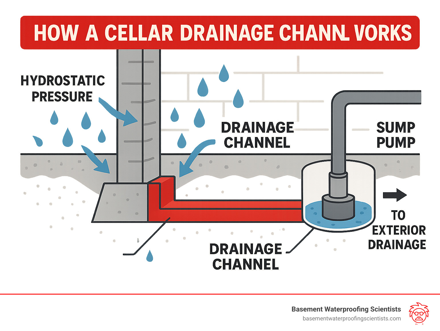 Detailed infographic showing how hydrostatic pressure forces groundwater through foundation walls and floor joints, with arrows indicating water flow being intercepted by a perimeter drainage channel system that redirects water to a sump pump for safe removal to exterior drainage - cellar drainage channel infographic 