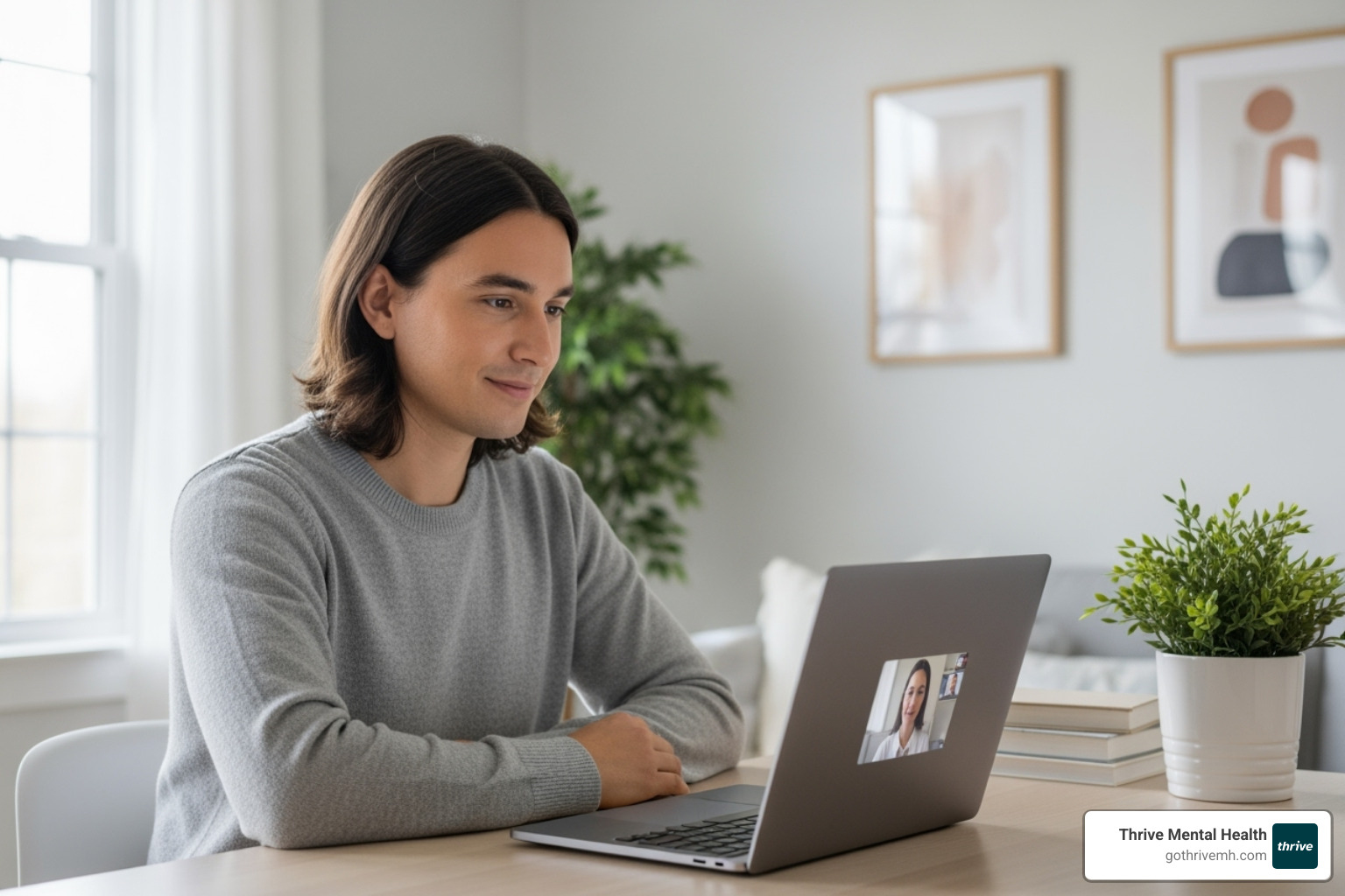 A person with a serene expression, engaged in a virtual therapy session on a laptop, positioned in a well-lit, minimalist home environment. The focus is on connection and accessibility. - cbt therapy vs emdr A person with a serene expression, engaged in a virtual therapy session on a laptop, positioned in a well-lit, minimalist home environment. The focus is on connection and accessibility. - cbt therapy vs emdr