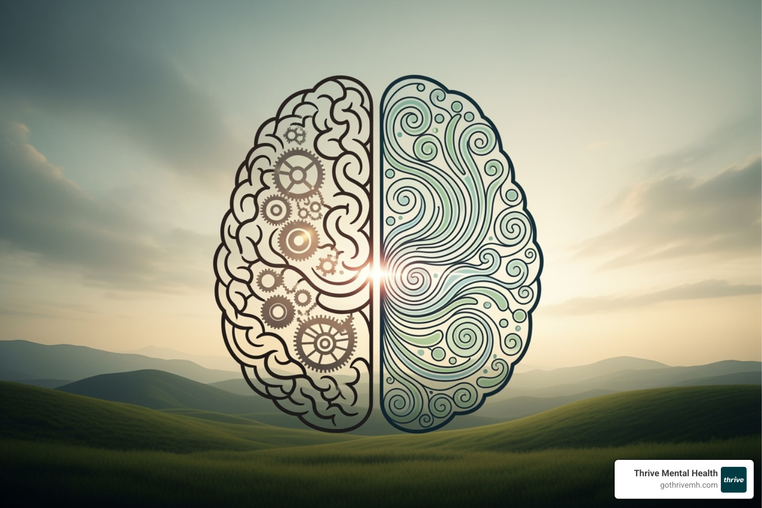A stylized image representing the brain, with interconnected gears on one side symbolizing CBT's cognitive and behavioral focus, and abstract flowing lines on the other side indicating memory processing for EMDR, set against a calming, natural backdrop. - cbt therapy vs emdr A stylized image representing the brain, with interconnected gears on one side symbolizing CBT's cognitive and behavioral focus, and abstract flowing lines on the other side indicating memory processing for EMDR, set against a calming, natural backdrop. - cbt therapy vs emdr