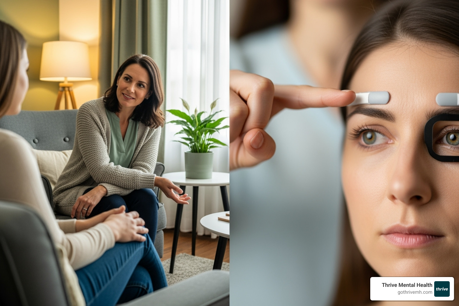 A split image depicting on one side a therapist and client engaged in a warm, conversational talk therapy session (CBT), and on the other, a client with eyes gently moving side-to-side, guided by a therapist's hand movements, in a focused, quiet EMDR session. - cbt therapy vs emdr A split image depicting on one side a therapist and client engaged in a warm, conversational talk therapy session (CBT), and on the other, a client with eyes gently moving side-to-side, guided by a therapist's hand movements, in a focused, quiet EMDR session. - cbt therapy vs emdr