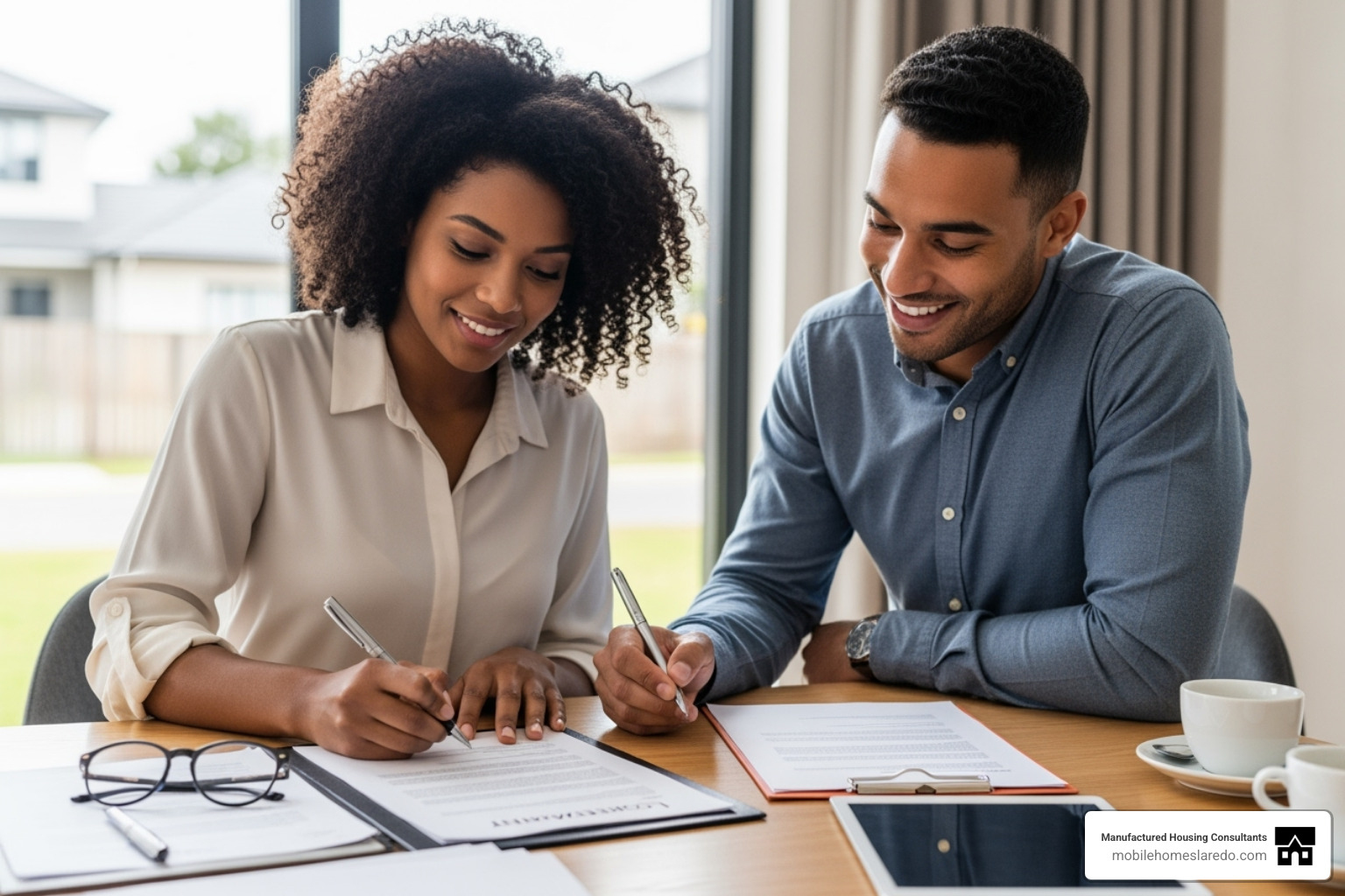 couple signing financing paperwork for their new home - brand new manufactured home prices couple signing financing paperwork for their new home - brand new manufactured home prices