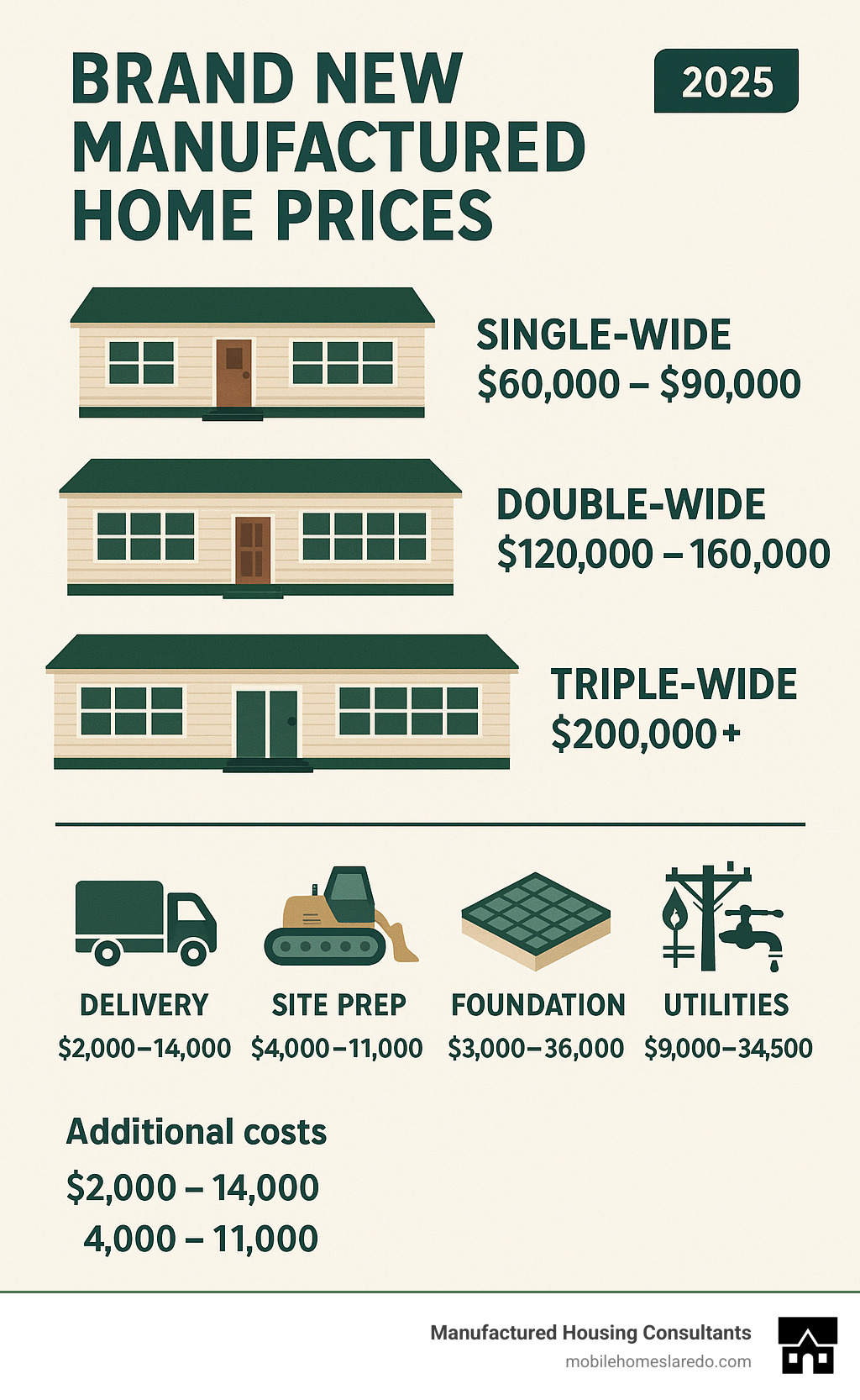 Infographic showing brand new manufactured home price breakdown by size category, with single-wide homes at $60,000-$90,000, double-wide at $120,000-$160,000, triple-wide at $200,000+, plus additional costs for delivery ($2,000-$14,000), site prep ($4,000-$11,000), foundation ($3,000-$36,000), and utilities ($9,000-$34,500) - brand new manufactured home prices infographic  Infographic showing brand new manufactured home price breakdown by size category, with single-wide homes at $60,000-$90,000, double-wide at $120,000-$160,000, triple-wide at $200,000+, plus additional costs for delivery ($2,000-$14,000), site prep ($4,000-$11,000), foundation ($3,000-$36,000), and utilities ($9,000-$34,500) - brand new manufactured home prices infographic