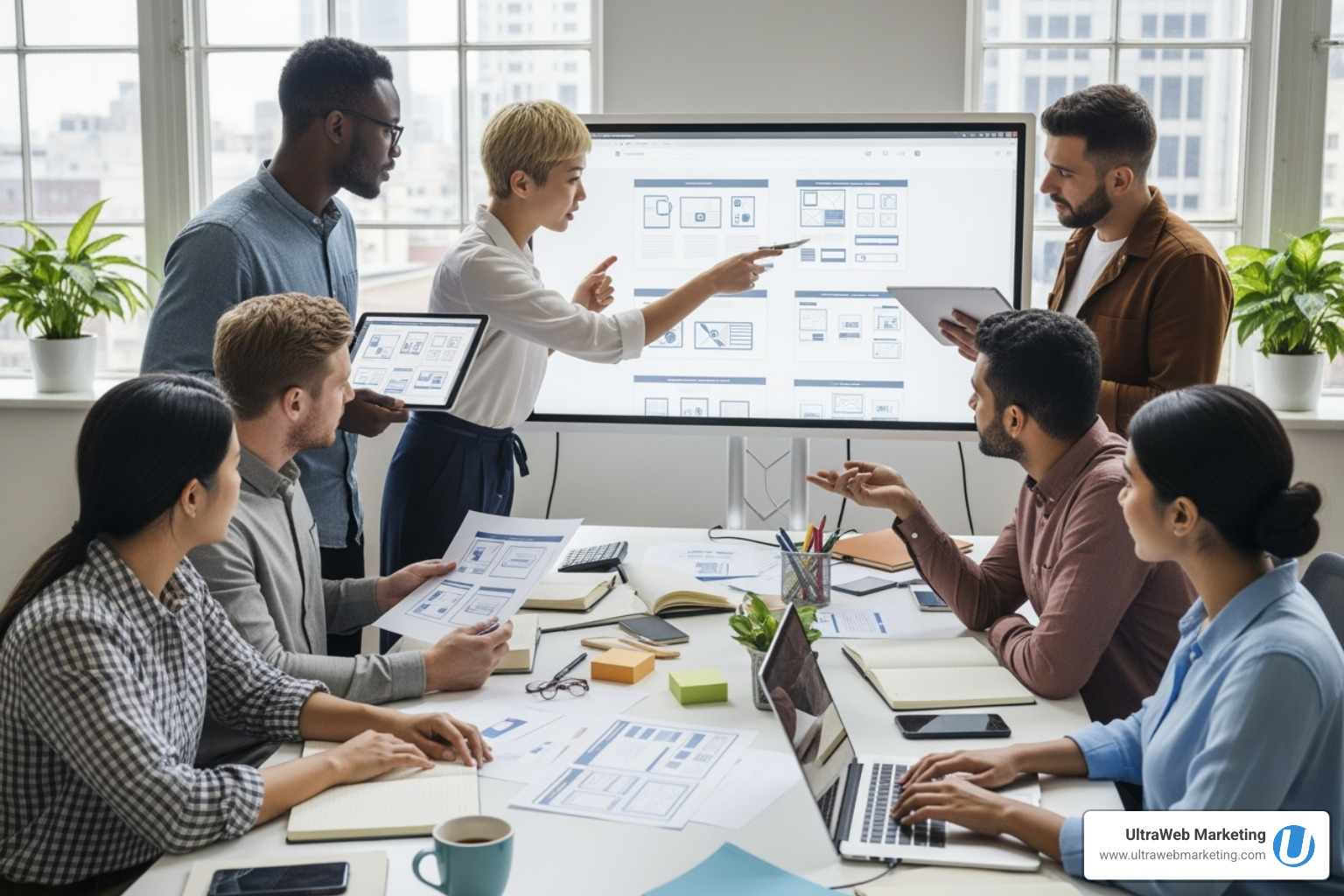 A diverse team of web designers collaborating on a project, looking at mockups and wireframes - local web design agency A diverse team of web designers collaborating on a project, looking at mockups and wireframes - local web design agency