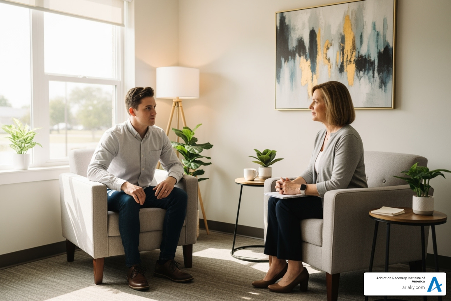 A person sitting across from a therapist, engaged in a one-on-one therapy session - Addiction therapy Kentucky
