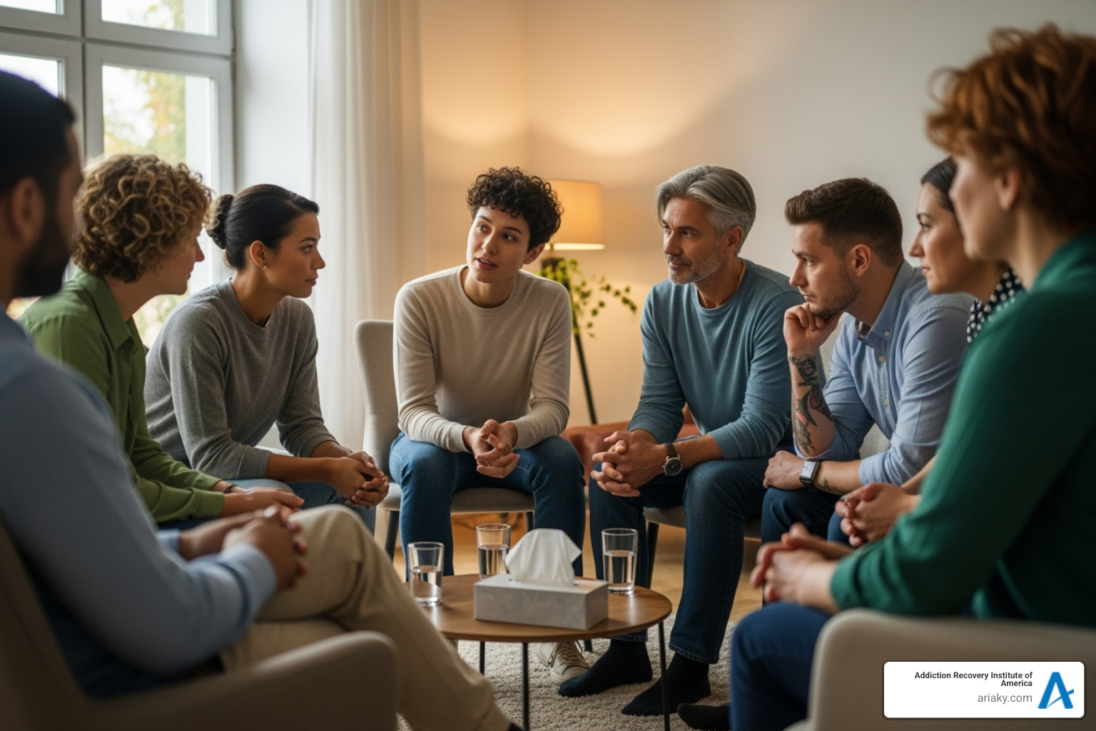 A diverse group of people engaged in a supportive group therapy session - Addiction therapy Kentucky