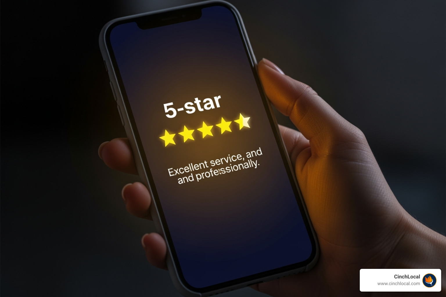 A smartphone screen displaying a glowing 5-star customer review for a roofing company, with a positive comment about their service and professionalism. - website seo for roofing contractors