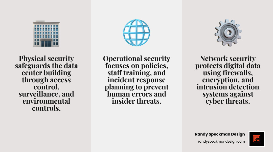Detailed infographic outlining the three core pillars of data center security: Physical Security (including access control, surveillance, environmental controls), Network Security (covering firewalls, intrusion detection, encryption, and segmentation), and Operational Security (encompassing policies, staff training, and incident response) - data center security infographic 3_facts_emoji_grey