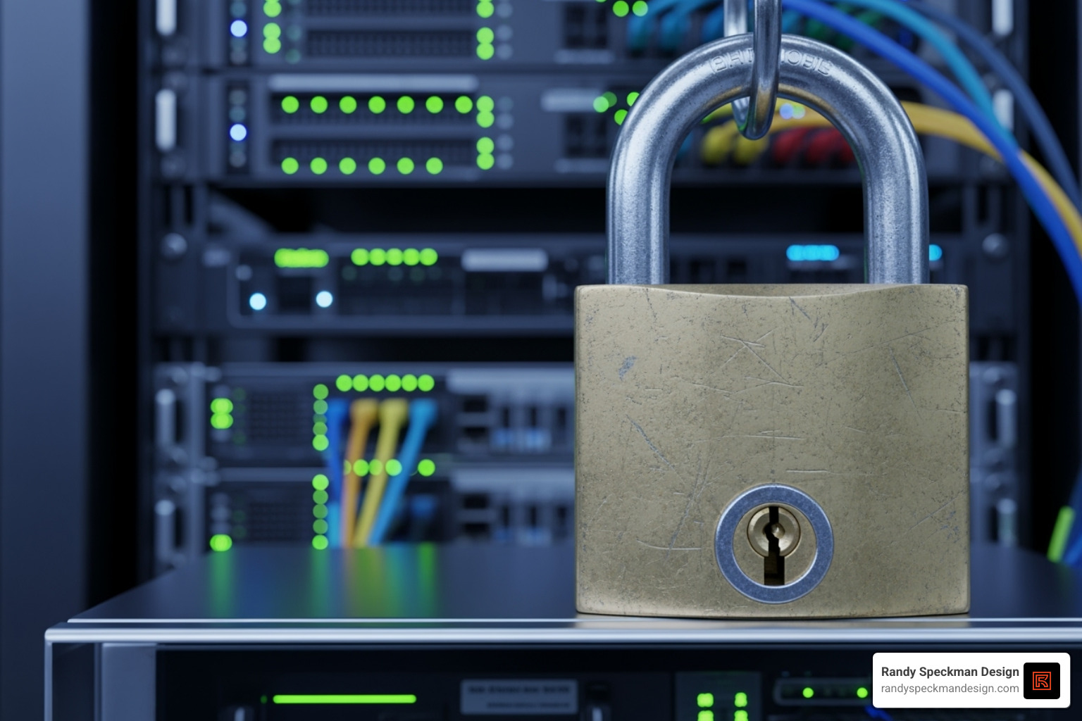 A padlock superimposed over a server rack, symbolizing robust data center security. - data center security