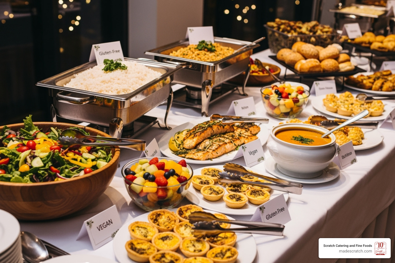 diverse buffet with clearly labeled dishes for dietary needs - Catering DFW area diverse buffet with clearly labeled dishes for dietary needs - Catering DFW area
