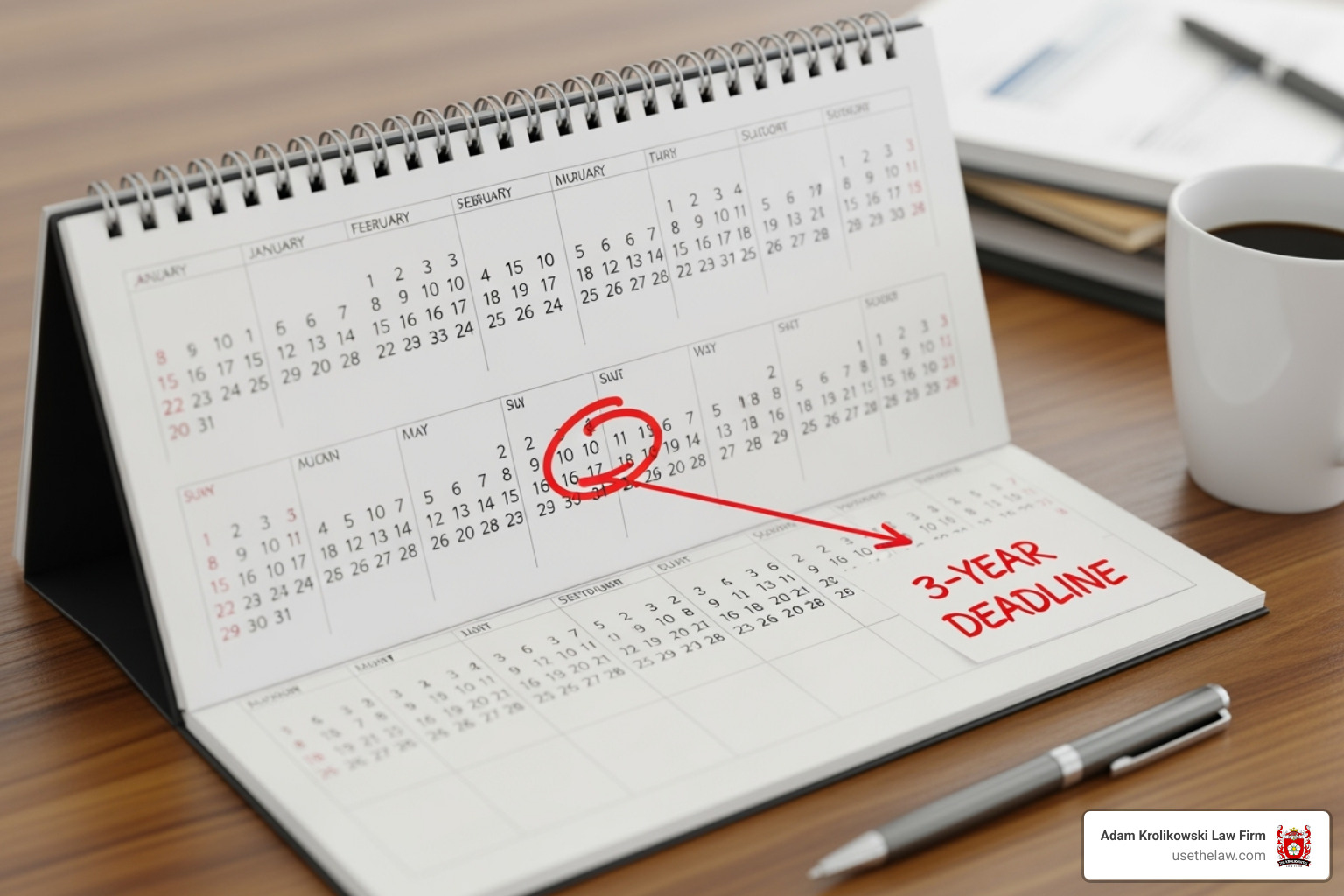 A calendar highlighting a 3-year deadline, emphasizing the statute of limitations for FEHA claims - disability discrimination attorney los angeles