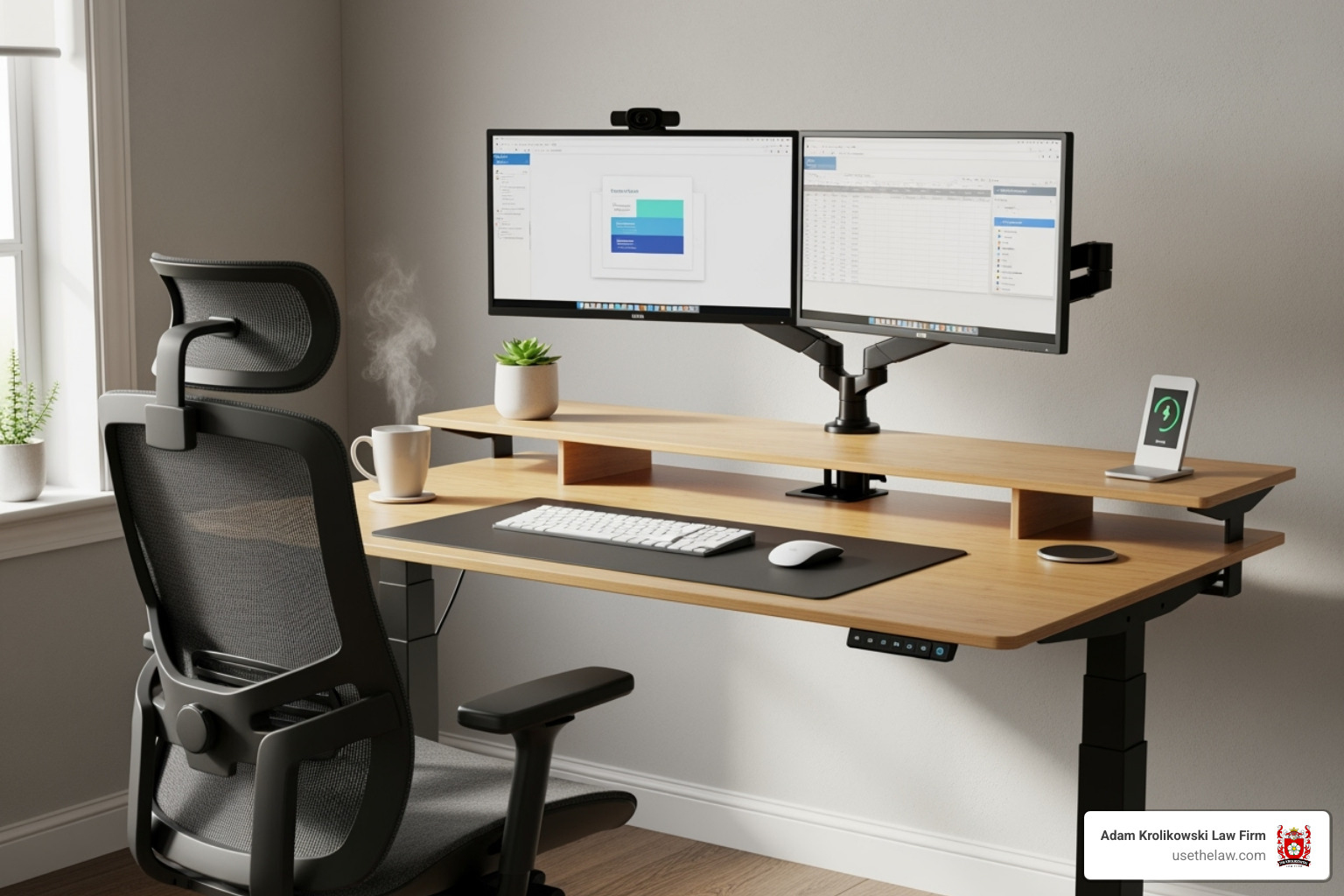 An image of an ergonomic workstation with an adjustable desk, monitor arms, and a comfortable chair, representing a reasonable accommodation - disability discrimination attorney los angeles