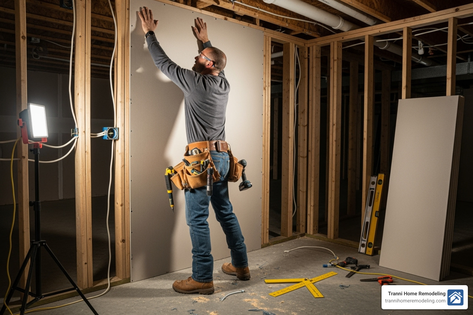 contractor installing drywall in basement - basement drywall installation cost