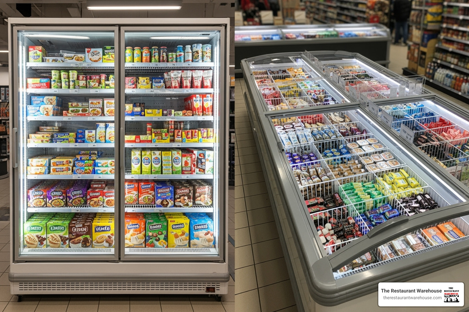 side-by-side comparison of an upright freezer and an island freezer - Commercial display freezer side-by-side comparison of an upright freezer and an island freezer - Commercial display freezer