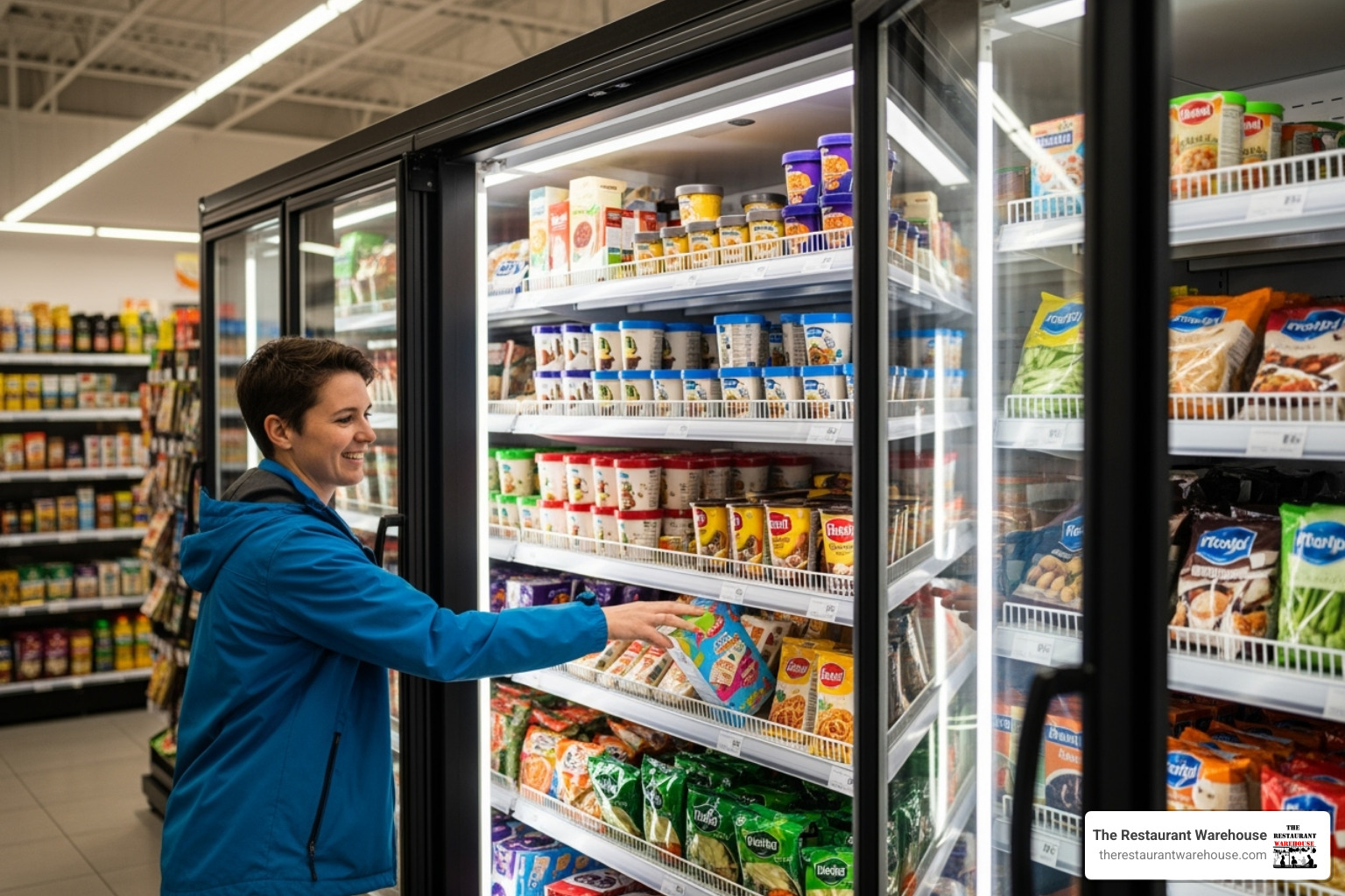 customer happily selecting an item from a well-organized display freezer - Commercial display freezer customer happily selecting an item from a well-organized display freezer - Commercial display freezer