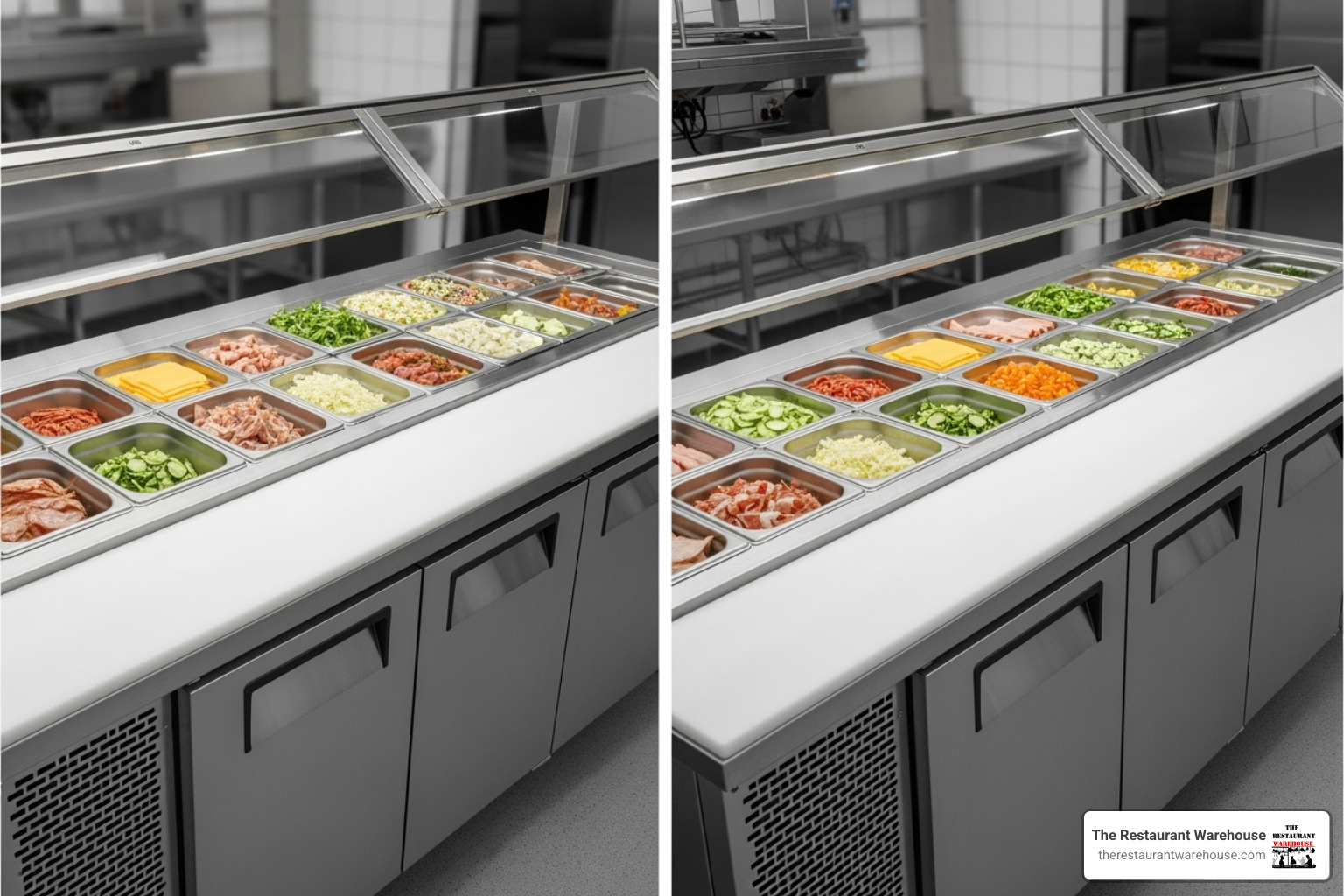 Comparison of a standard top prep table next to a mega top prep table, highlighting the increased pan capacity on the mega top model - 2 door refrigerated sandwich prep table