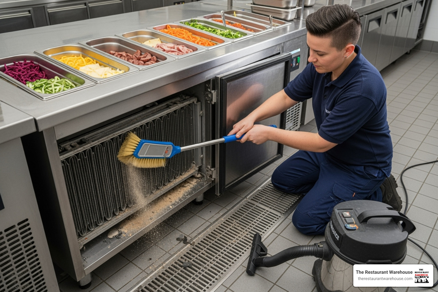 Technician cleaning condenser coils on a refrigerated prep table - 2 door refrigerated sandwich prep table