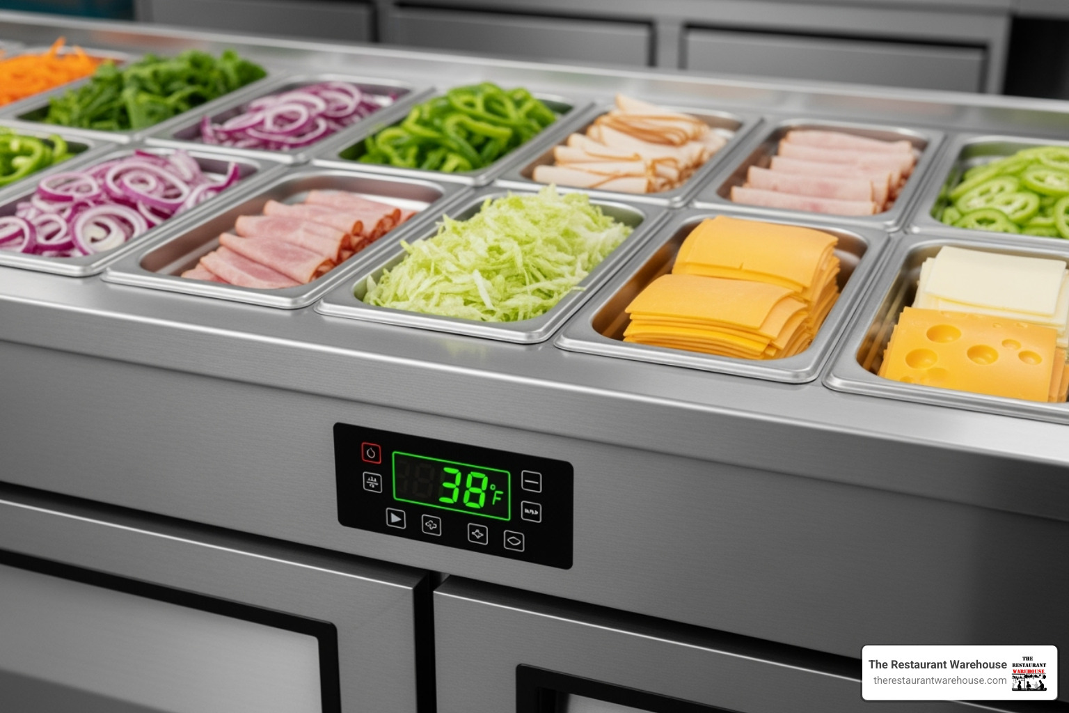 Close-up of a digital temperature controller on a 2-door refrigerated sandwich prep table and food pans filled with fresh ingredients - 2 door refrigerated sandwich prep table