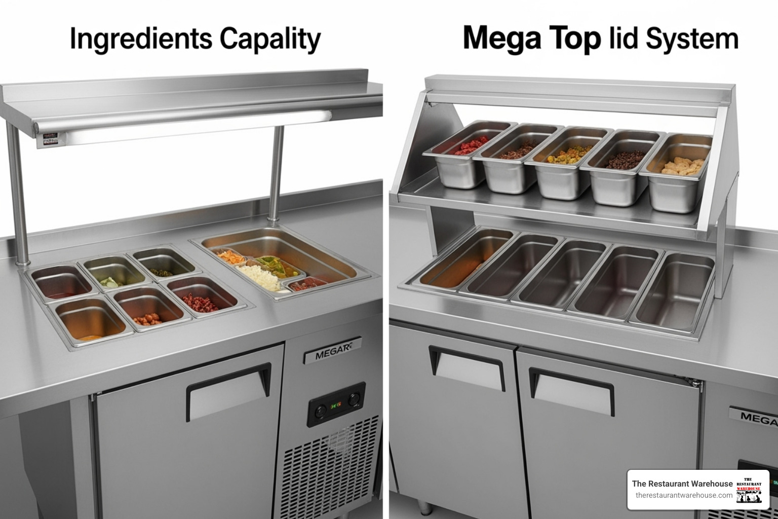 side-by-side comparison of a standard top and a mega top pan area - mega top prep table