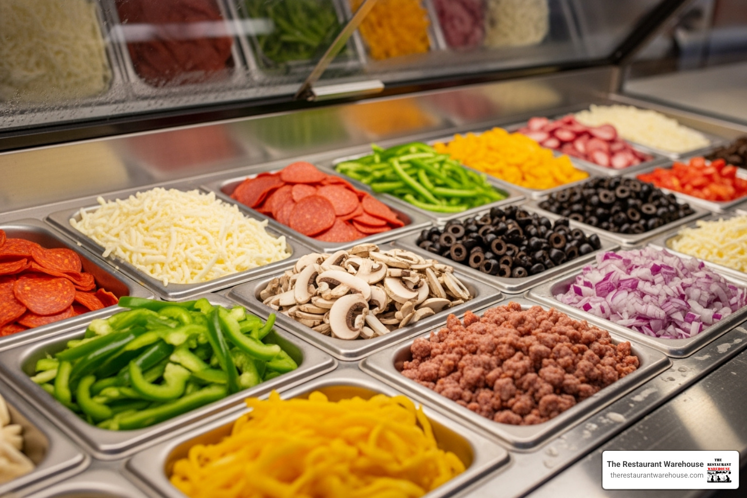 Close-up on the refrigerated pan rail filled with fresh pizza toppings, vibrant and neatly organized - 60 inch pizza prep table