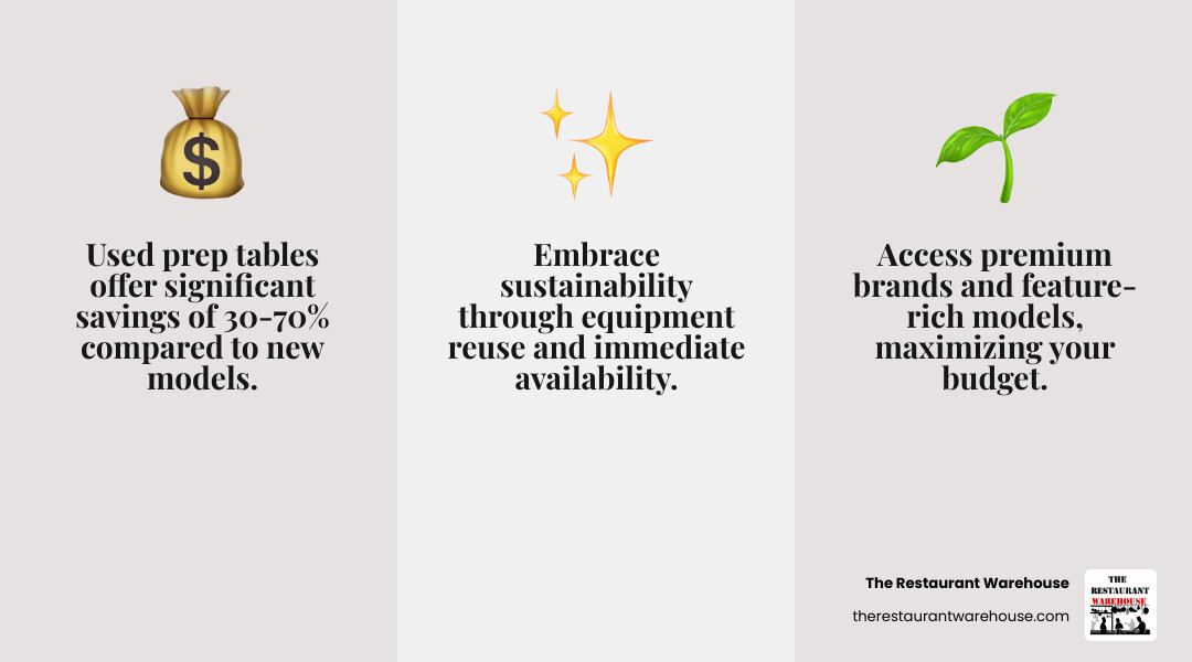 Infographic showing the key benefits of buying used commercial kitchen equipment including 30-70% cost savings compared to new, immediate availability versus waiting for new equipment delivery, access to premium brands within smaller budgets, environmental sustainability through equipment reuse, and potential warranty coverage through certified used programs - used sandwich prep table for sale infographic 3_facts_emoji_grey