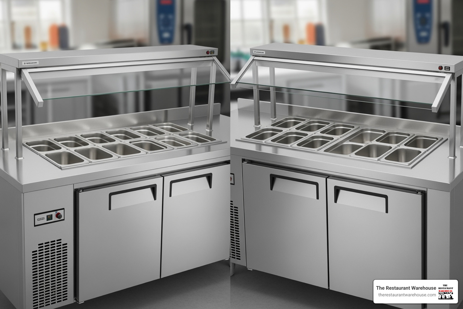 a comparison of a standard sandwich prep table with a mega-top version, highlighting the extra row of pans - used sandwich prep table for sale