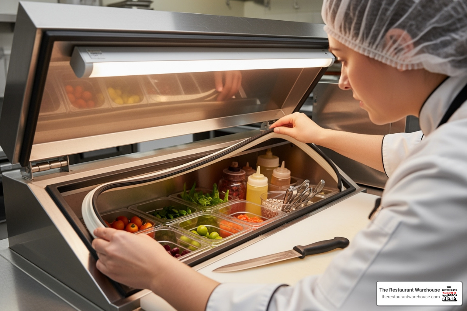 a person inspecting the gaskets and interior of a sandwich prep table - used sandwich prep table for sale