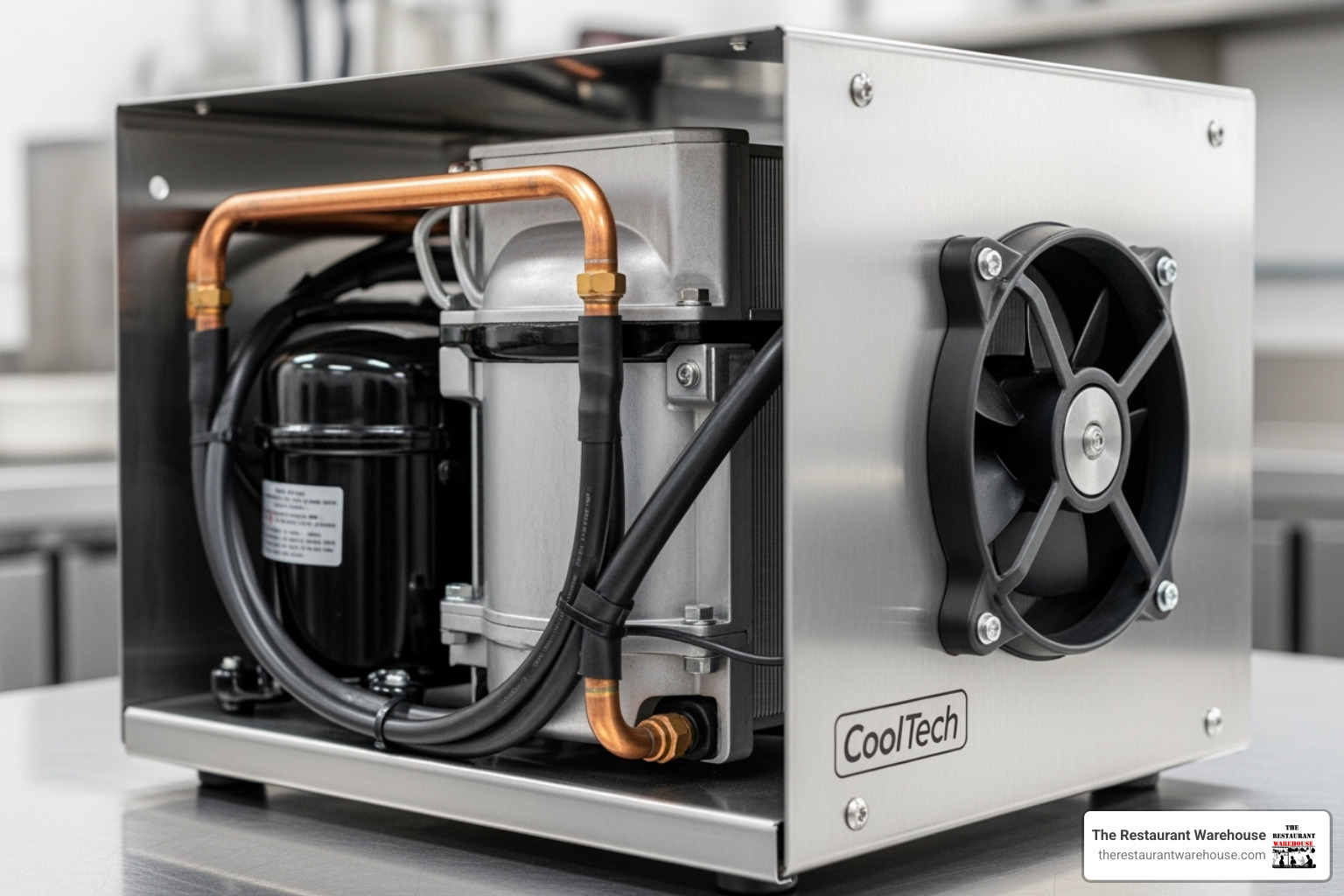 a close-up on a clean, well-maintained refrigeration compressor unit - used sandwich prep table for sale