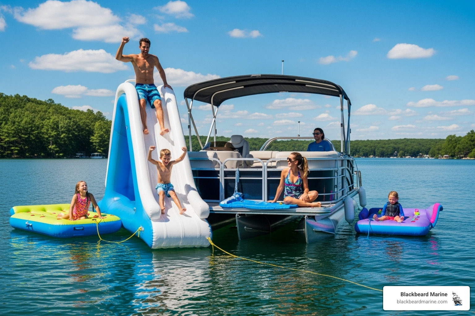 family enjoying fun accessories on a Lowe pontoon - lowe pontoon boat accessories