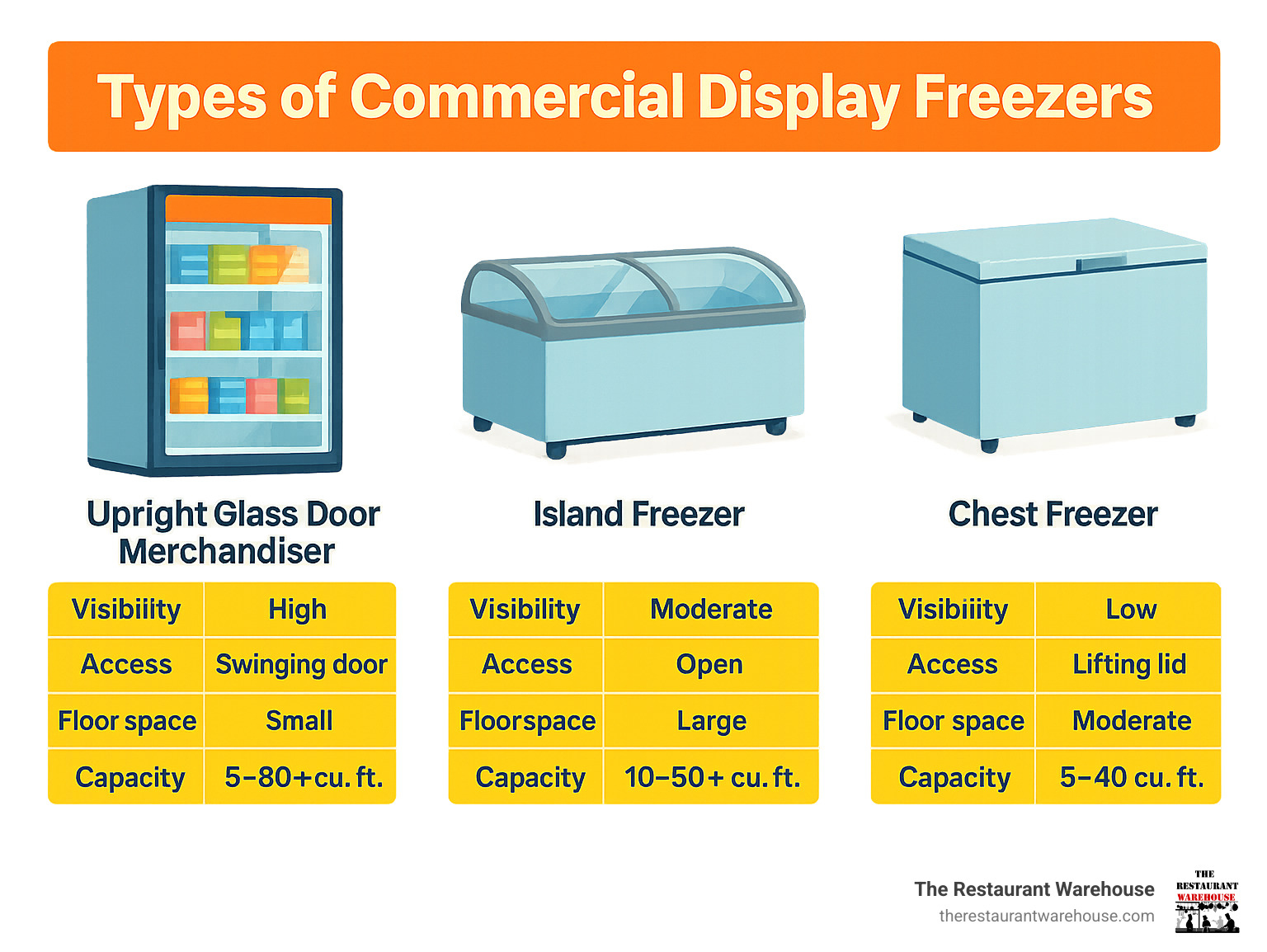 infographic showing three freezer types side by side - upright glass door merchandiser with vertical shelves and LED lighting, horizontal island freezer with curved glass top and open access, and standard chest freezer with solid top door - highlighting key differences in visibility, access method, floor space usage, and typical capacity ranges - Commercial display freezer infographic infographic showing three freezer types side by side - upright glass door merchandiser with vertical shelves and LED lighting, horizontal island freezer with curved glass top and open access, and standard chest freezer with solid top door - highlighting key differences in visibility, access method, floor space usage, and typical capacity ranges - Commercial display freezer infographic