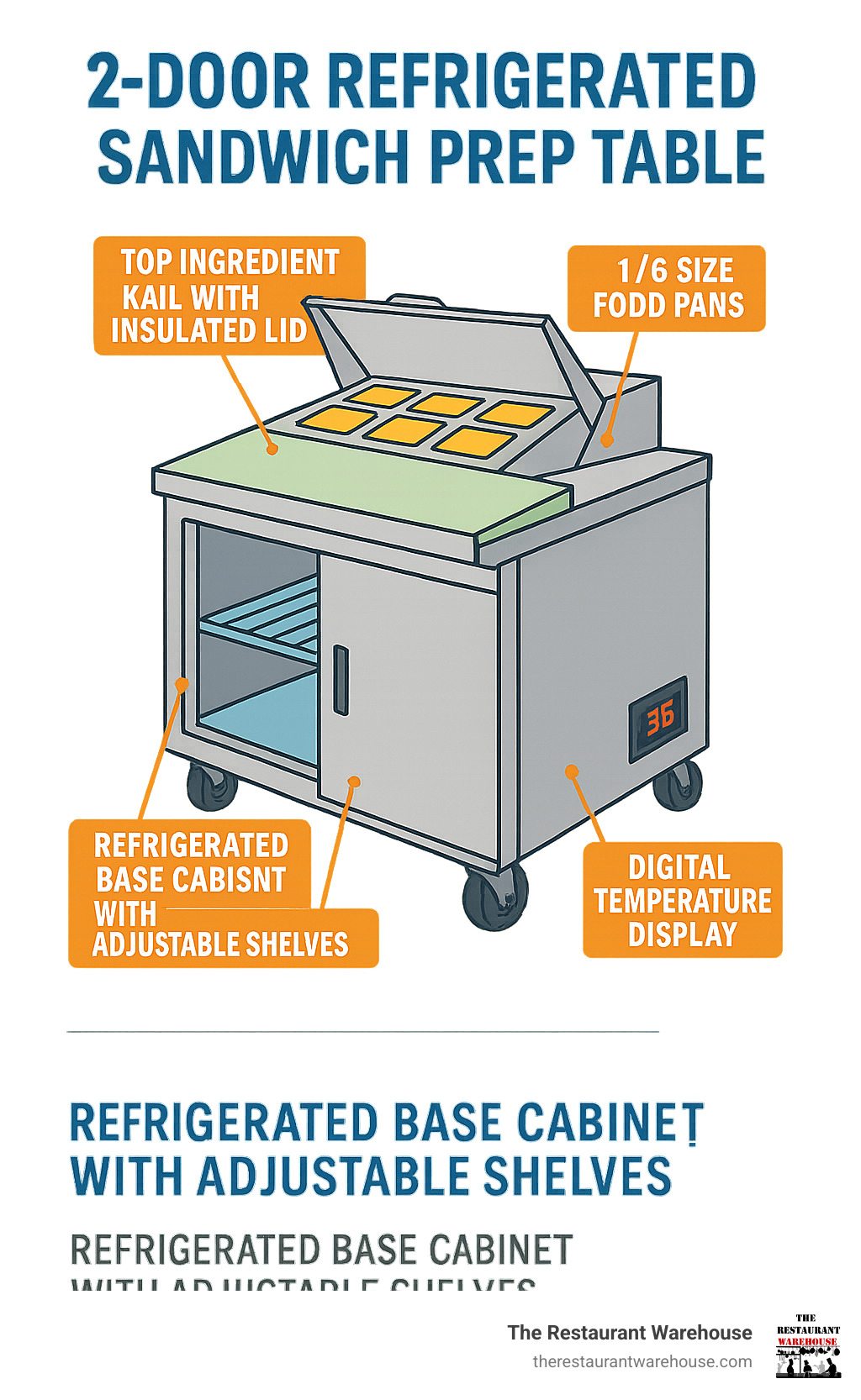 Infographic showing the anatomy of a 2-door refrigerated sandwich prep table: refrigerated base cabinet with adjustable shelves and two swing doors, polyethylene cutting board surface in the middle, and top ingredient rail with insulated lid holding multiple 1/6 size food pans, plus digital temperature display and mobility casters - 2 door refrigerated sandwich prep table infographic 