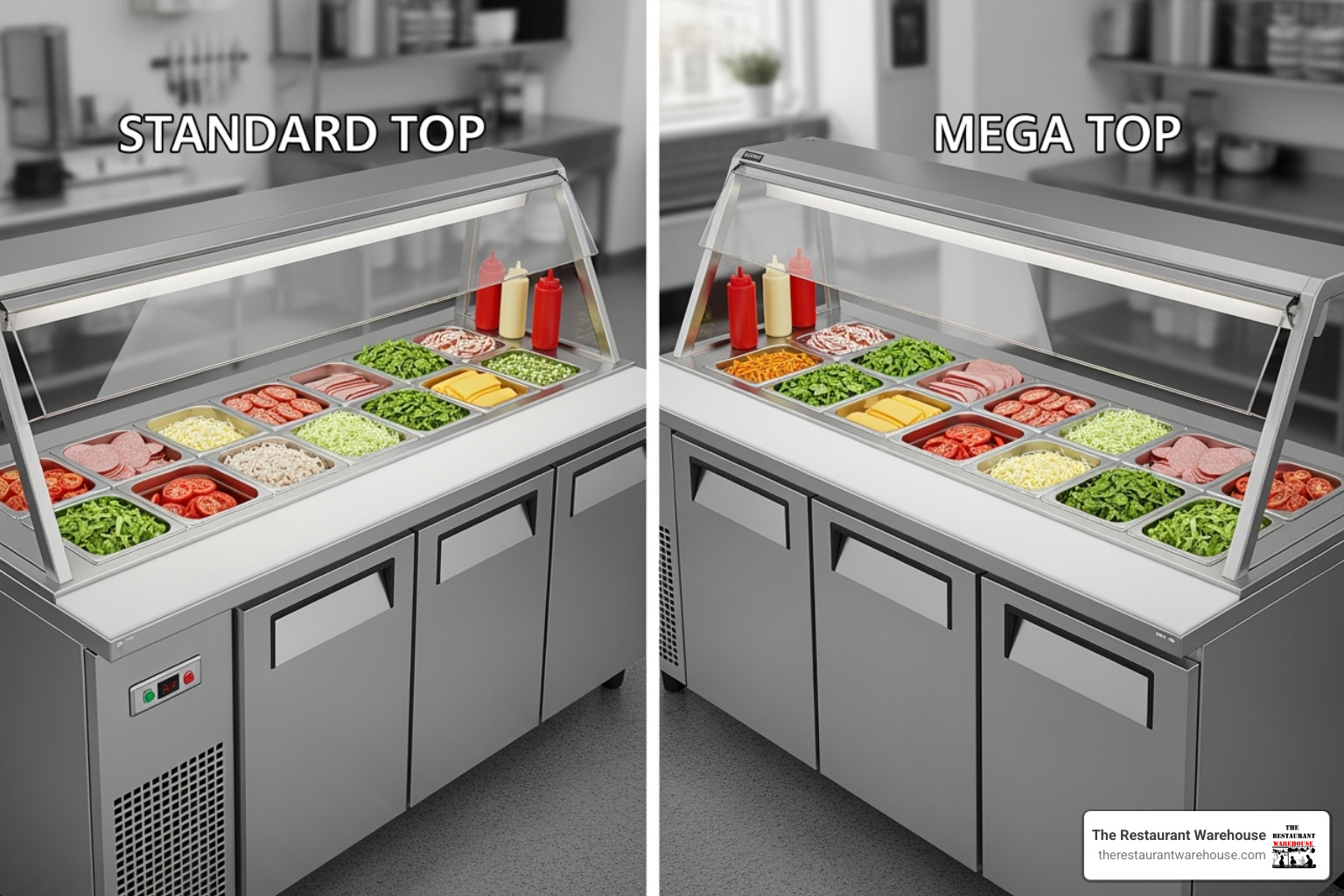side-by-side comparison of a standard top and a mega top sandwich prep table - sandwich cooler side-by-side comparison of a standard top and a mega top sandwich prep table - sandwich cooler
