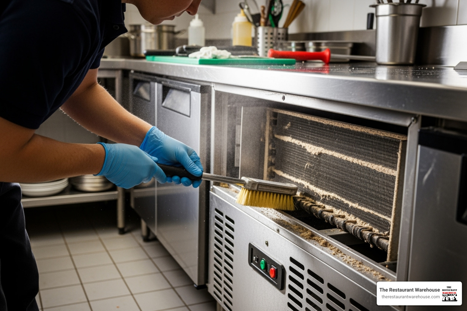 A person cleaning the condenser coils on a prep cooler - used prep cooler
