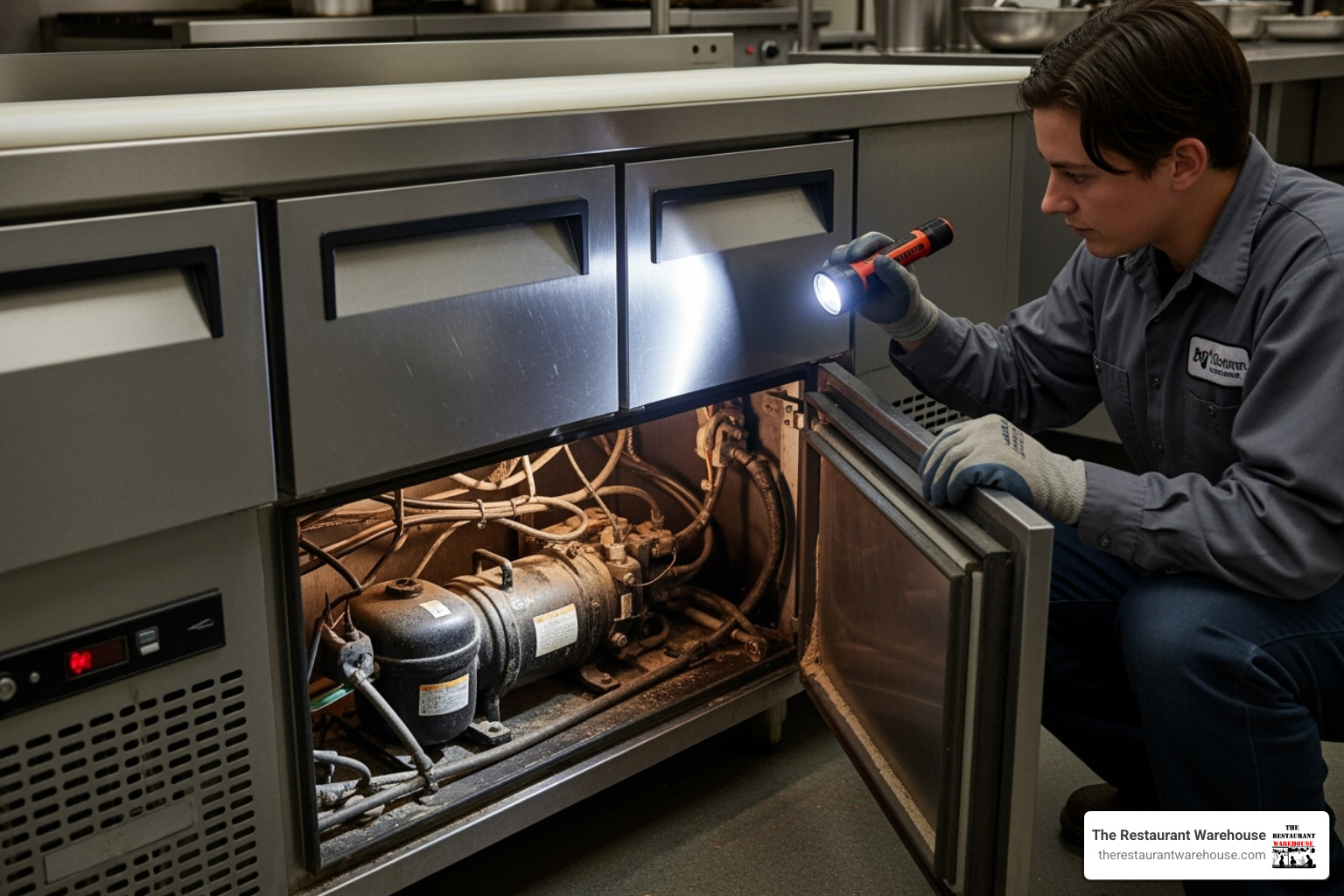 Someone inspecting the compressor of a prep cooler with a flashlight - used prep cooler