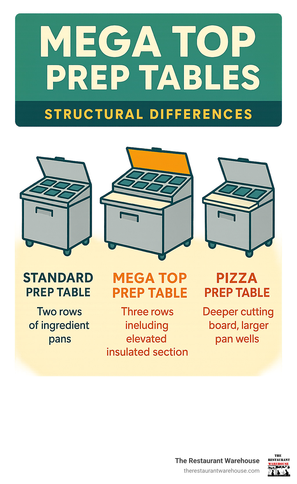 Infographic showing the structural differences between a standard prep table with two rows of ingredient pans, a mega top prep table with three rows including an liftd insulated section, and a pizza prep table with deeper cutting board and larger pan wells designed for pizza toppings - mega top prep table infographic 