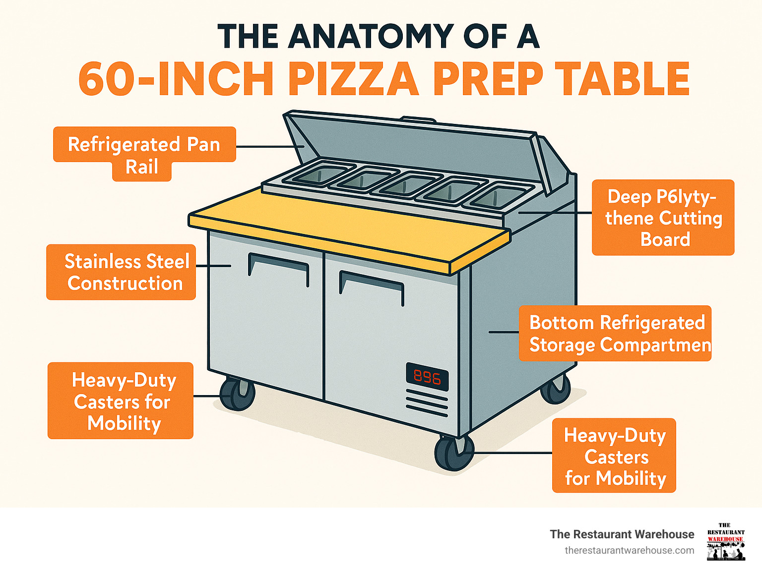 Comprehensive infographic showing the anatomy of a 60-inch pizza prep table with labeled components including the refrigerated pan rail with 1/3-size food pans, deep 19.5-inch polyethylene cutting board, stainless steel construction, bottom refrigerated storage compartment with doors or drawers, digital temperature display, and heavy-duty casters for mobility - 60 inch pizza prep table infographic 