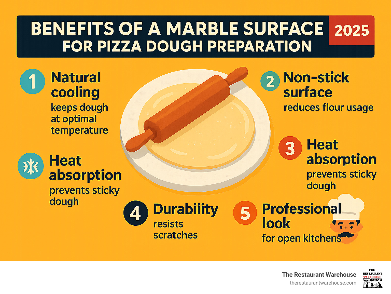 Infographic showing the 5 key benefits of using a marble surface for pizza dough preparation: 1) Natural cooling properties keep dough at optimal temperature, 2) Non-stick surface reduces flour usage, 3) Heat absorption prevents sticky dough, 4) Durable stone surface resists scratches, 5) Professional appearance for open kitchens - marble top pizza prep table infographic Infographic showing the 5 key benefits of using a marble surface for pizza dough preparation: 1) Natural cooling properties keep dough at optimal temperature, 2) Non-stick surface reduces flour usage, 3) Heat absorption prevents sticky dough, 4) Durable stone surface resists scratches, 5) Professional appearance for open kitchens - marble top pizza prep table infographic