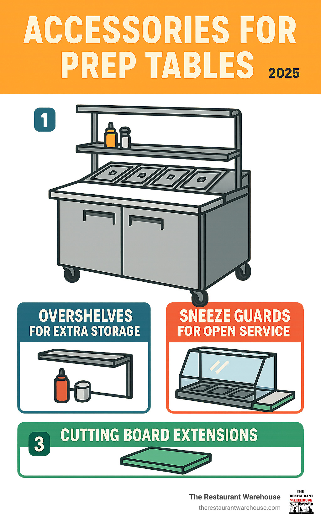 An infographic showing various accessories for prep tables, such as overshelves, sneeze guards, and cutting board extensions. - sandwich cooler infographic An infographic showing various accessories for prep tables, such as overshelves, sneeze guards, and cutting board extensions. - sandwich cooler infographic