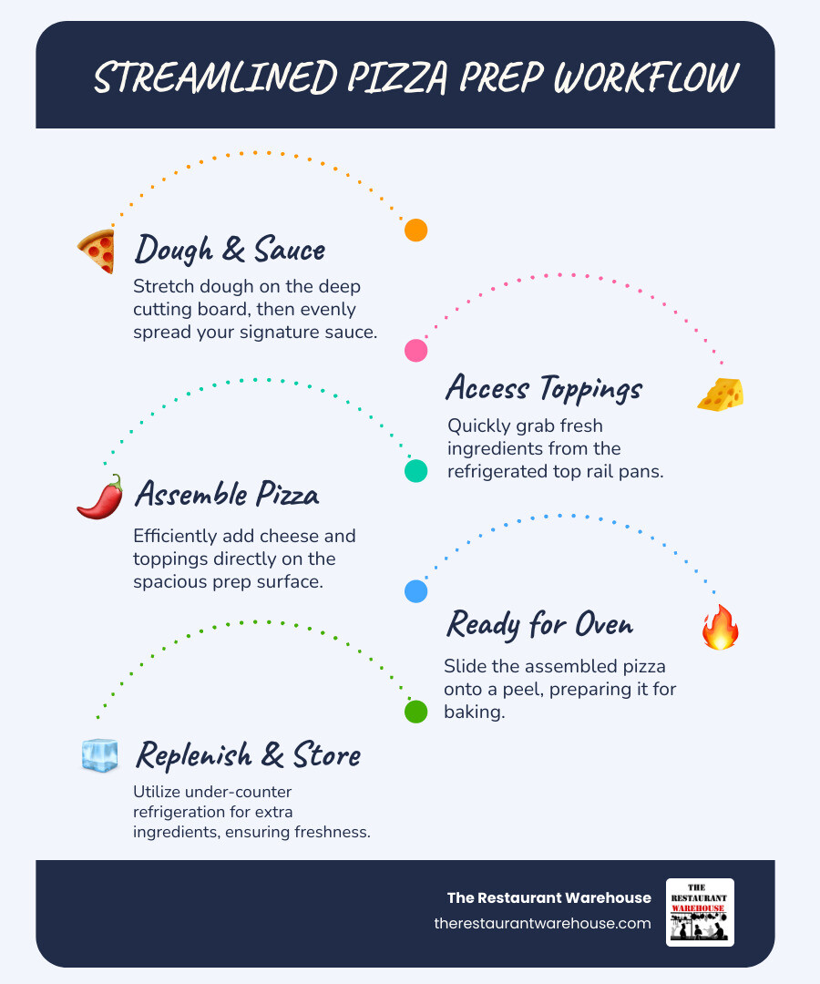 Infographic showing the step-by-step process of pizza preparation on a 48-inch prep table, including dough stretching on the cutting board, accessing refrigerated toppings from the top rail pans, and storing extra ingredients in the refrigerated compartment below - 48 inch pizza prep table infographic infographic-line-5-steps-blues-accent_colors