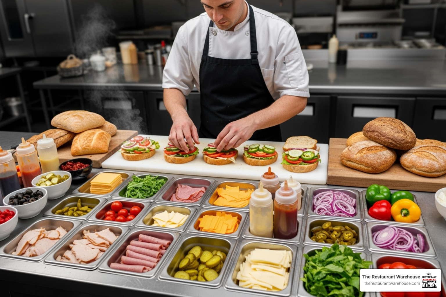 a chef quickly assembling sandwiches using a well-organized prep table - refrigerator prep table a chef quickly assembling sandwiches using a well-organized prep table - refrigerator prep table