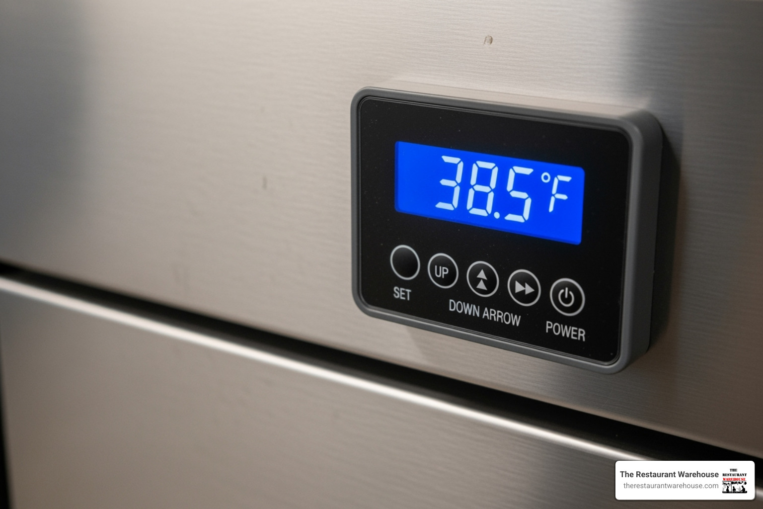 a close-up on a digital temperature controller and stainless steel finish - refrigerator prep table a close-up on a digital temperature controller and stainless steel finish - refrigerator prep table