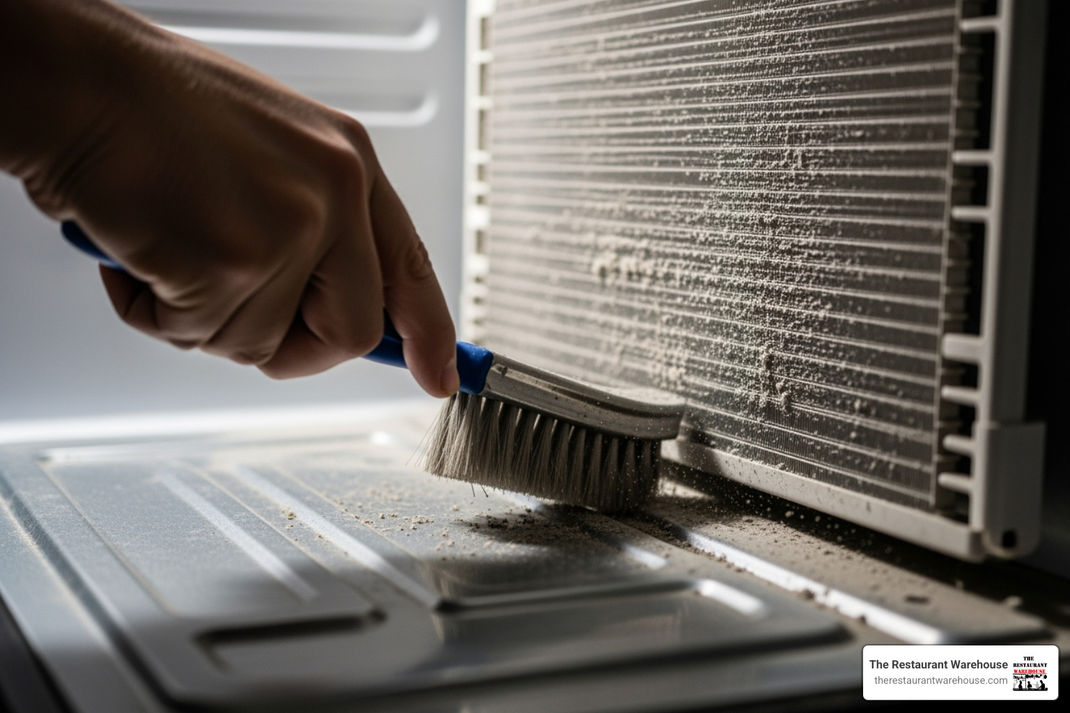 a condenser coil being cleaned with a brush - refrigerator prep table a condenser coil being cleaned with a brush - refrigerator prep table