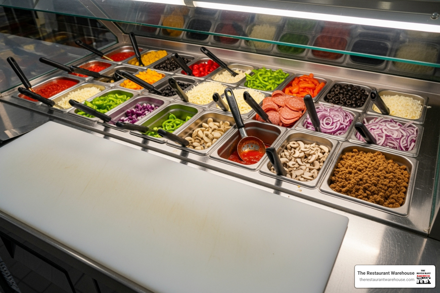 top-down view of a 119-inch prep table showing the expansive cutting board and pan rail - 119 pizza prep table