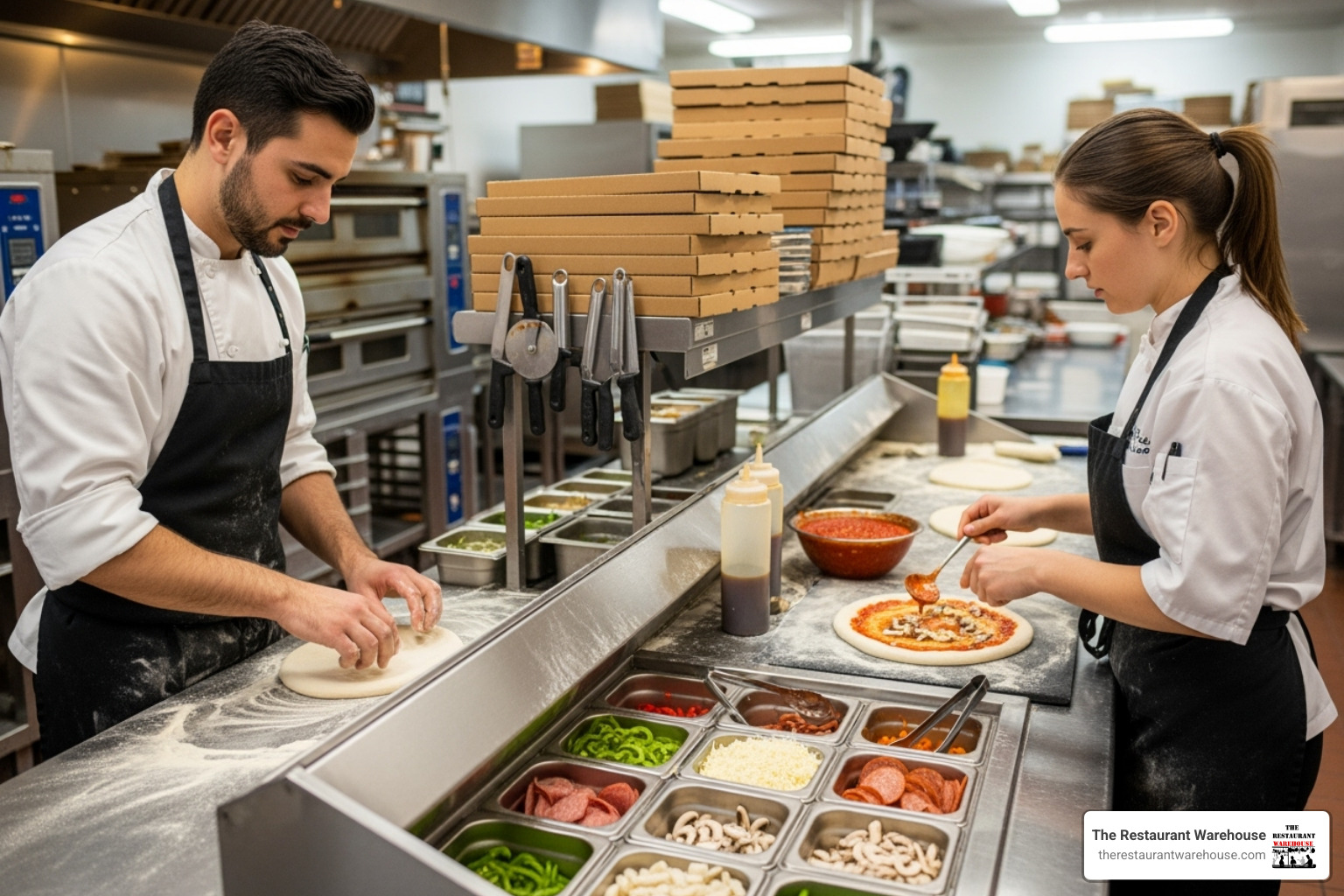 two chefs working side-by-side at a large 119-inch pizza prep table - 119 pizza prep table