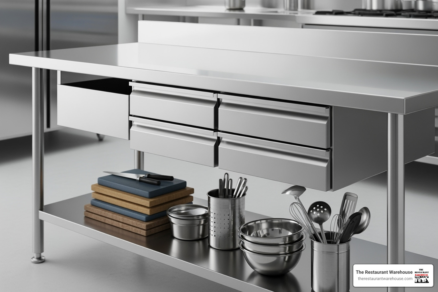prep table with an undershelf, backsplash, and drawers - Stainless steel prep table prep table with an undershelf, backsplash, and drawers - Stainless steel prep table